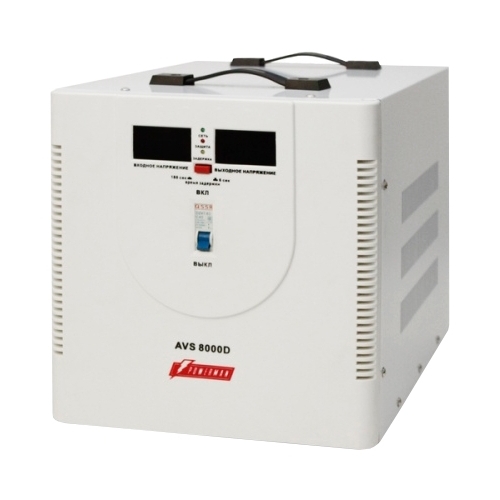 Стабилизатор напряжения Powerman AVS 8000D 8000ВА, максимальный входной ток 40А, 1 фаза, подключение к сети - клеммная колодка, синусоидальная форма выходного напряжения, номинальный диапазон входного напряжения 140...260В, КПД 98%, цифровая индикация вхо