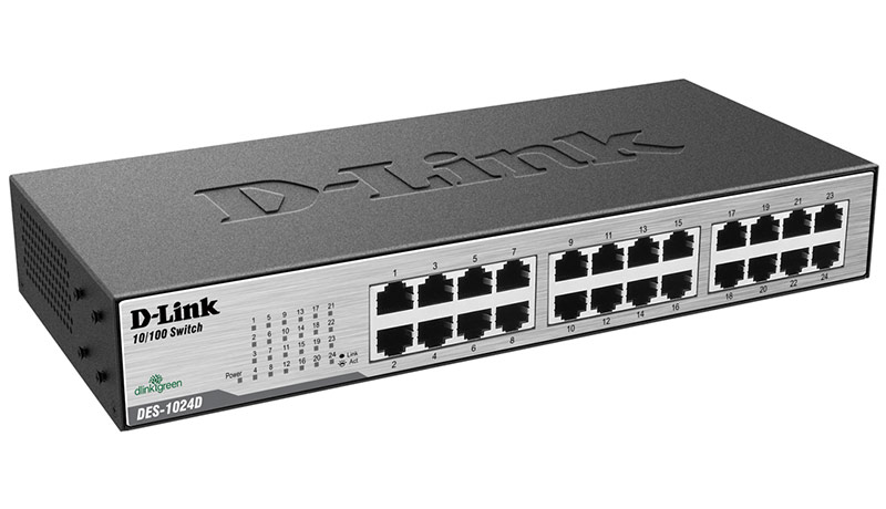 D-Link (24-port UTP 10/100Mbps Auto-sensing, Stand-alone, Unmanaged 11-inch desktop & rack-mount, 1U, metal case) DES-1024D/F1A